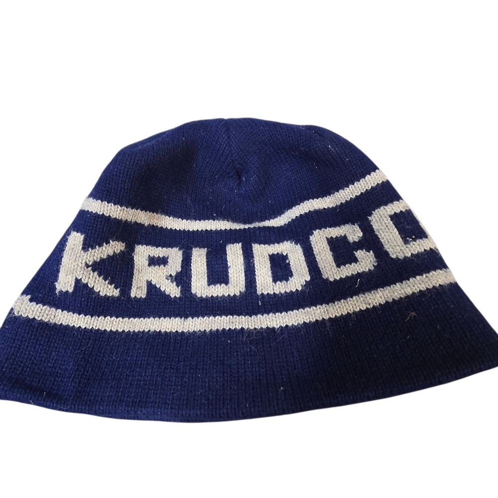 Krudco Skate Shop Navy Blue Grey Jacquard Logo Knit Beanie Hat Rochester NY